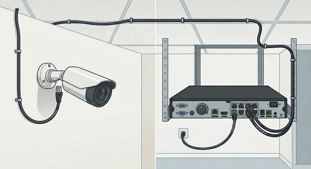 ip camera on ceiling connected to NVR