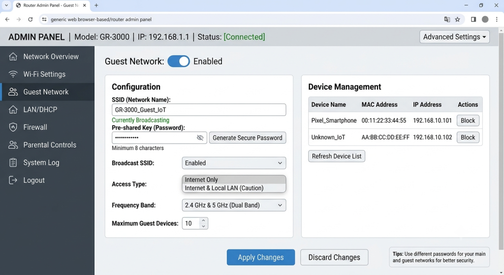 Admin login of a router when changing Guest settings
