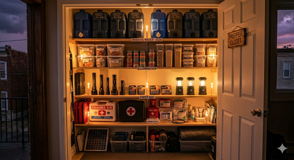 Emergency preparedness supplies organized in home storage
