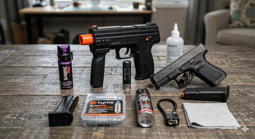 Non-lethal and lethal home defense tools including Byrna launcher and firearm