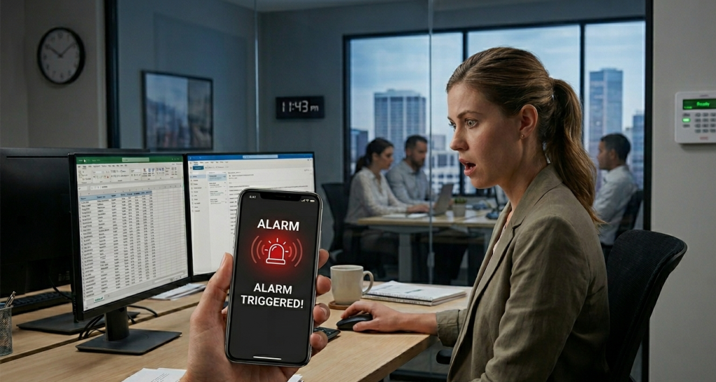Homeowner checking home alarm app notification on smartphone