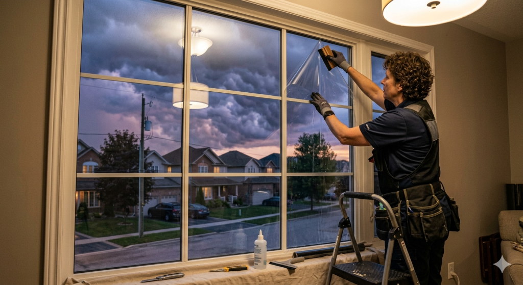Homeowner installing security film on window as part of preparedness