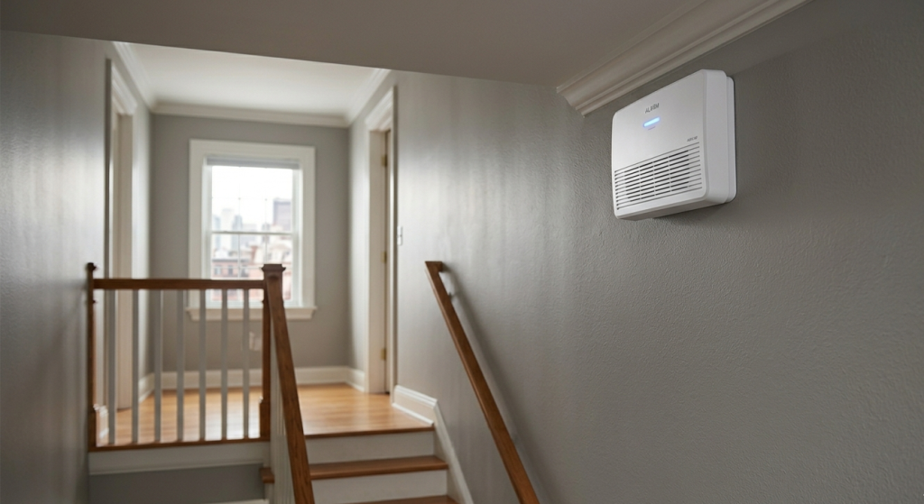 Indoor alarm siren unit mounted on interior wall