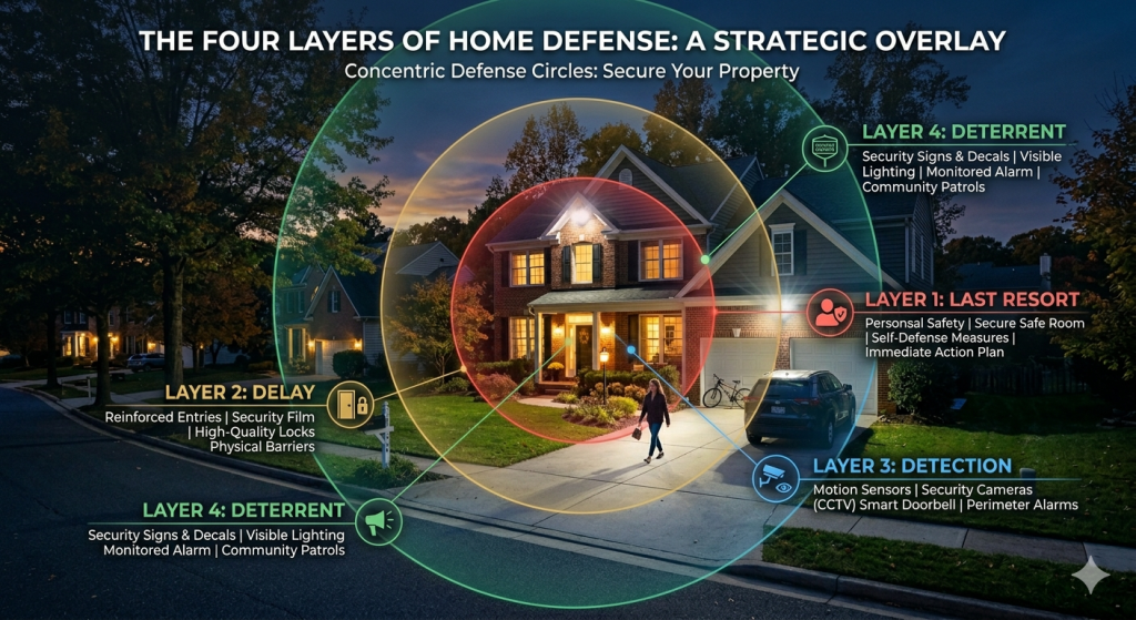 Four-layer home defense diagram: Detection, Delay, Deterrent, Last Resort