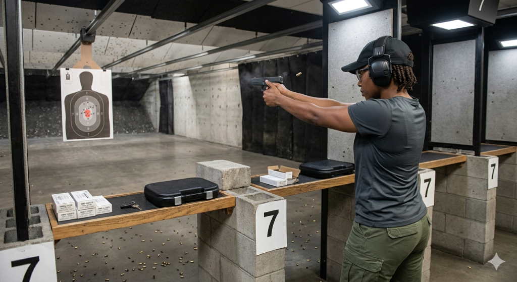 Person training with a firearm at indoor shooting range