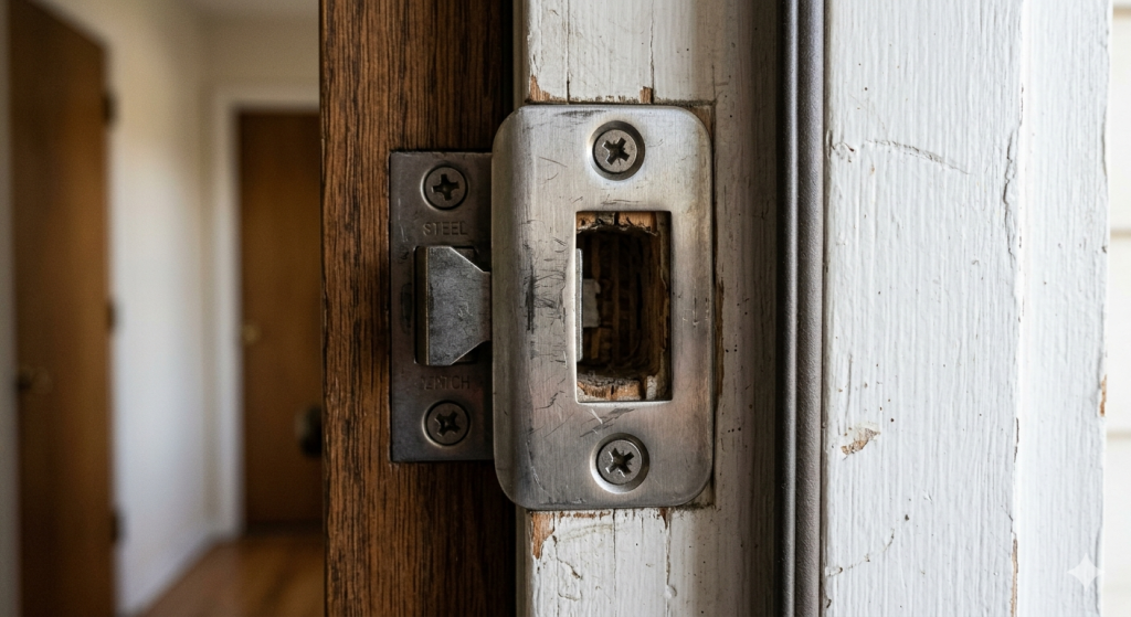 Reinforced strike plate with 3-inch screws on residential door frame