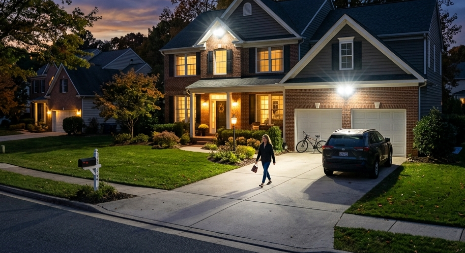 Suburban home with motion-activated security lighting at dusk