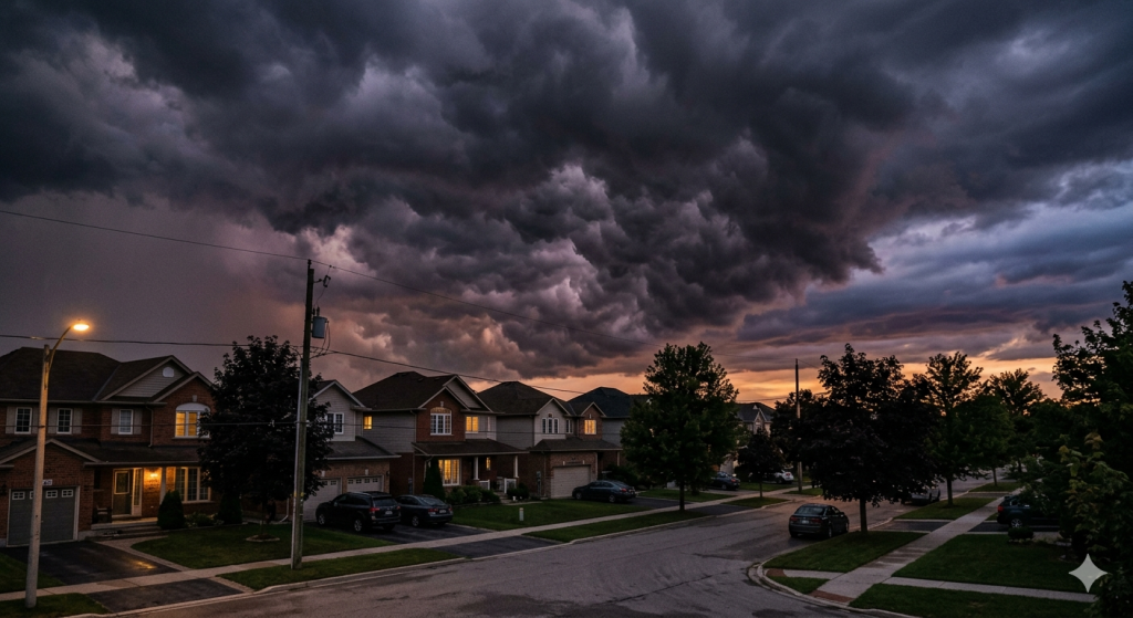Storm clouds approaching residential area, representing potential SHTF scenarios