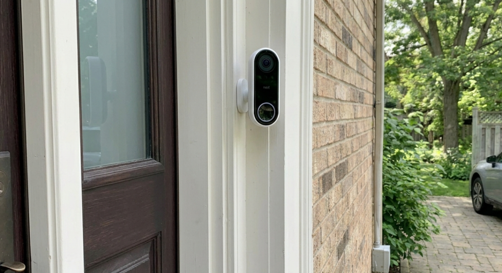Wireless battery-powered security camera mounted on exterior siding