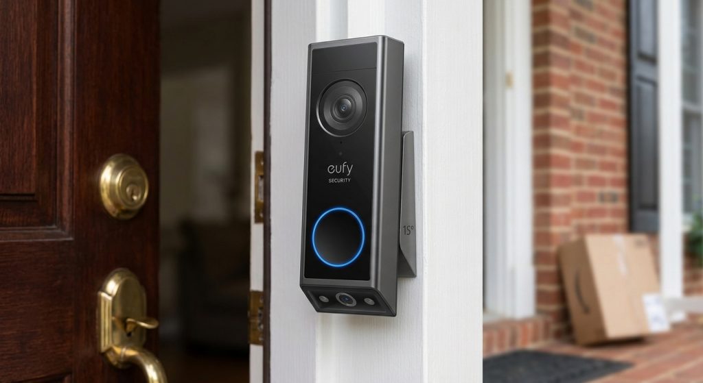 Eufy E340 mounted on door frame, showing dual-camera design