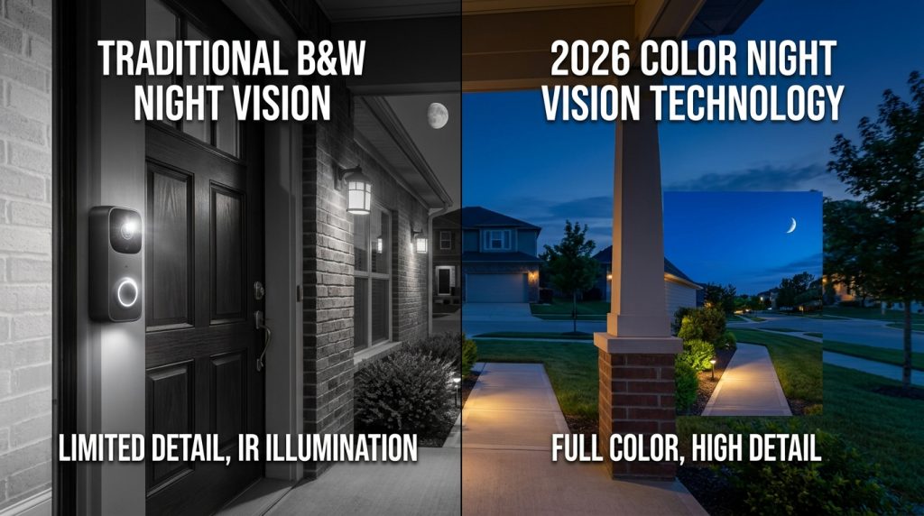 Split comparison — black-and-white night footage vs. color night vision footage of same front door scene
