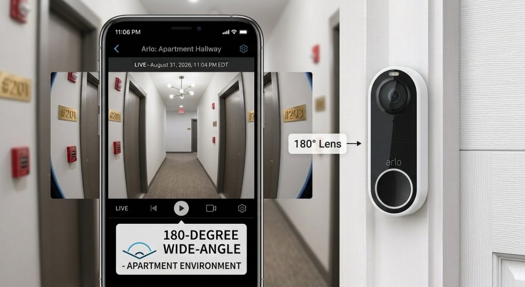 Arlo Video Doorbell 2K showing 180-degree wide-angle view on app