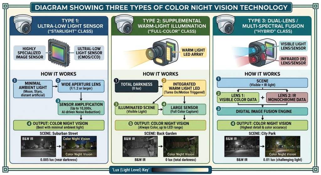Diagram showing three types of color night vision technology